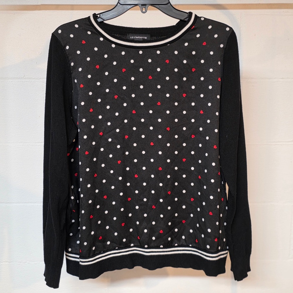 Liz Claiborne Career Womens Black Heart Polka Dot‎ Mixed Media Sweater Large L